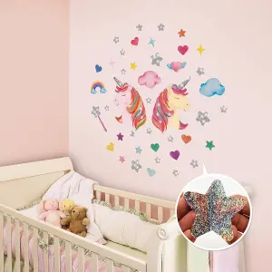 Walplus Cute Unicorn With Glitter Stars Kids Sticker Aluminium Film Pink, Silver, Multicoloured