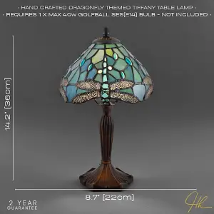 Handmade Emerald Green Stained Glass 8 Inch Tiffany Lamp with Dragonfly Design