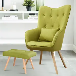 Green Linen Upholstered Wing Back Armchair Lounge Chair with Footstool and Lumbar Pillow