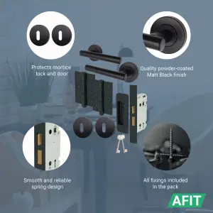 AFIT Matt Black Key Lock Door Handle Set - Sash Lock, Hinges (76mm) & 2 Escutcheons Olvera Range