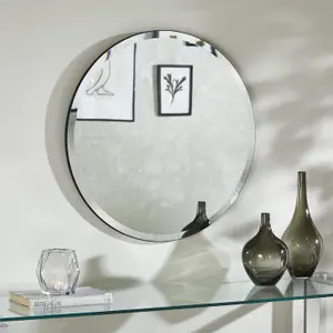 Circular Simplistic Mirror With Bevelled Edge Round Shape Black Frame 60 x 60 Cm, Wall Mounted For Hallways, Living, Dressing Room