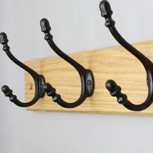 Oakcrafts - Handcrafted Solid Oak Coat Rack with Cast Iron Satin Black Hooks 750mm - 5 Hooks