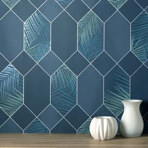 Miami Geometric Leaf Wallpaper Navy / Silver Fine Decor FD42837