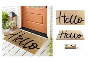 A.Unique Home 15mm Natural Coir Doormat with Printed Pattern 40cm x 80cm - Non-Slip PVC Backed - HELLO MAT