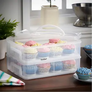 VonShef Cupcake Carrier with Handle, 24 Muffin Stackable Cake Caddy, 2 Tier Bake Holder w/Snap & Stack Design, Plastic Carry Box