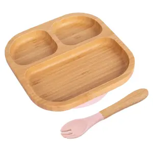 Bamboo Segmented Baby Weaning Plate & Fork Set - Pastel Pink