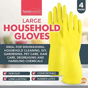 4 Pairs Household Rubber Gloves Large, Yellow Large Gloves, Washing Up Gloves Large Non Slip Cleaning Gloves, Dishwashing Gloves