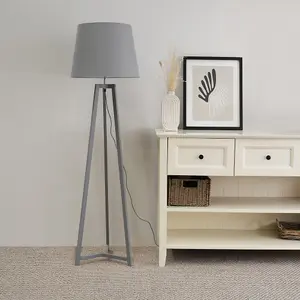 ValueLights Lottie Grey Wood Tripod Floor Lamp with Grey Tapered Shade