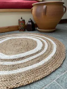 KHIDAKEE Round Border Natural Rug Hand Woven Jute / 90 cm Diameter