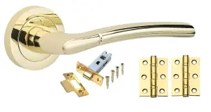 1 Set Indiana Door Handles Set Ball Bearing Hinges and Latches Polished Brass Finish