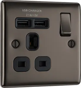 BG Black Nickel Single 13A Raised slim Switched Screwed Socket with USB, x2 & Black inserts