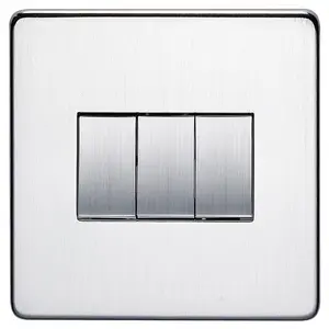 Crabtree 7173/SC Platinum Screwless Low Profile Light Switch 3 Gang 2 Way 10 Amp - Satin Chrome