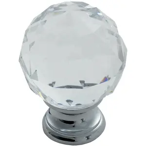 Faceted Crystal Cupboard Door Knob 40mm Dia Polished Chrome Cabinet Handle