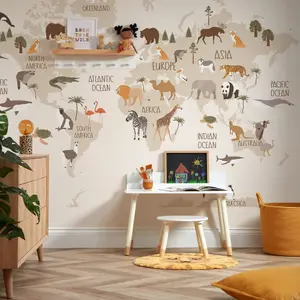 Scandi Safari Map Mural In Natural (300cm x 240cm)