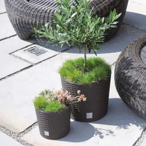 Round Planter Plant Flower Pot Outdoor Garden Weatherproof with Insert Rattan Brown 30cm - 15 Litres