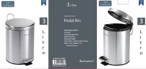 Buckingham Pedal Bin Waste Trash Bin for Bathroom Kitchen Office, Stainless Steel Soft Closing, Brushed Finish (3 Litre)