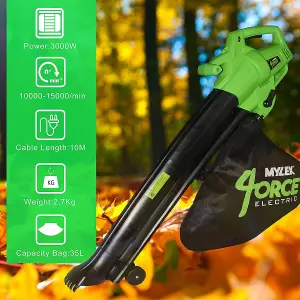 Mylek Leaf Blower And Vacuum, 3000W Garden Shredder Mulcher And Rake With 6 Variable Speeds And Two Collection Bags