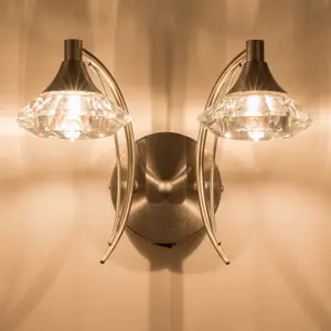 Double Wall Light and Sconce, Satin Nickel Finish, Clear Glass Shades, G9 Bulb Cap