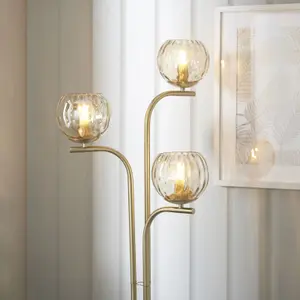 Floor Lamp Light - Satin Brass & Champagne Lustre Glass - 3 x 25W E14 golf