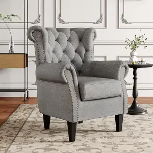 Grey Linen Upholstered Buttoned Back Nailhead Armchair Sofa Chair