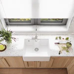 595mm - 1 Bowl Fireclay Butler Kitchen Sink - Tap Ledge, Hole, Overflow & Waste