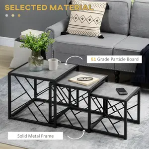 HOMCOM Set of 3 Nesting Coffee Tables Square End Tables w/ Metal Frame, Grey