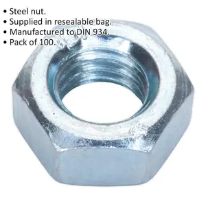 100 Pack of M8 Steel Hex Nuts with 1.25mm Pitch - DIN 934 Certified Quality