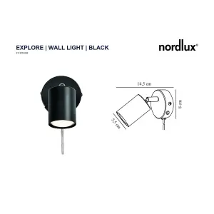 Nordlux Explore Indoor Bedroom Living Dining Office Wall Light with Adjustable Lamp Head in Black (Diam) 5.5cm