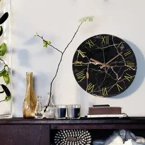 Silent Wall Clock Black Marble Texture Round Wall Clock For Kitchen Home