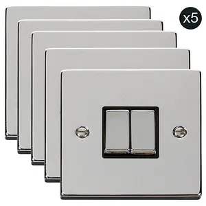 5 PACK - Polished Chrome 10A 2 Gang 2 Way Ingot Light Switch - Black Trim - SE Home