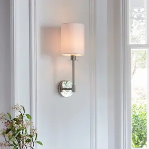 Luminosa Pistoia Shade Wall Lamp, Bright Nickel Plate, Vintage White Fabric