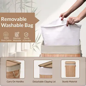 MantraRaj Bamboo Laundry Bin with Handles 65L Square Hamper Basket with Removable Liner (Brown)