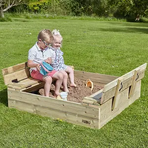 Rebo Wooden Sandpit Ball Pool with Folding Lid and Benches Sandbox - 120cm x 120cm