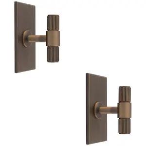 2 PACK - Reeded T Bar Cabinet Door Knob & Matching Backplate - Antique Brass 76 x 40mm