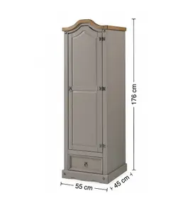 Mercers Furniture Corona Grey Wax 1 Door 1 Drawer Wardrobe Single Arch Top Solid Pine with Mexican Styling