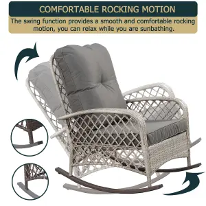 Patio Rattan Rocking Chair, Relaxer Wicker Rocker Armchair with Soft Cushion, All-Weather Steel Frame - Gray