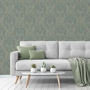 Grandeco Textured Distressed Metallic Damask Wallpaper, Teal