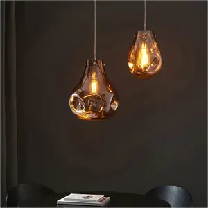 2 PACK Hanging Ceiling Pendant Light - Large Copper Metallic Glass & Chrome Plate - 10W LED E27