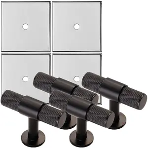 4 PACK - Cabinet Door Knob & Contrasting Backplate Set - Knurled T Bar Pull - Matt Black & Chrome