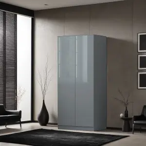 Grey Gloss 2 Door Double Wardrobe Push Open Soft Closing Bedroom Furniture