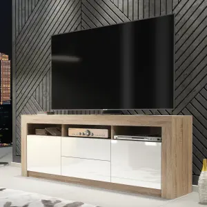 Modern TV Unit 160cm Oak with High Gloss White Doors - Creative Furniture