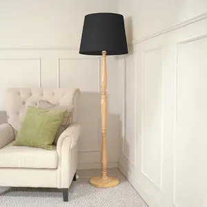 ValueLights Victoria Traditional Light Wood Candlestick Floor Lamp with Black Tapered Shade - LED Bulb Included