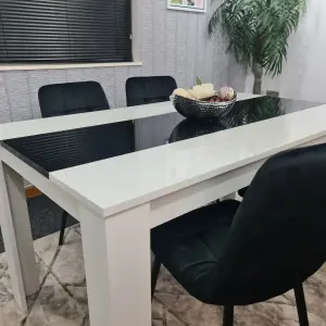 Dining Table And 4 Chairs White Black Wooden Table, Black Velvet Tufted Chairs