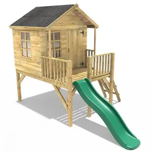 Rebo 5FT x 5FT Childrens Wooden Garden Playhouse on Deck + 6ft Slide - Pheasant Green