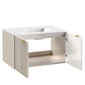 Bathroom Vanity Unit 800mm Sink Basin Modern Wall Hung Cabinet Ribbed Cashmere Beige Cara