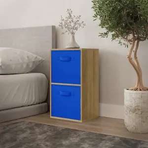 URBNLIVING 54cm Height Distressed Wood 2-Tier Cube Shelving Unit with Dark Blue Inserts