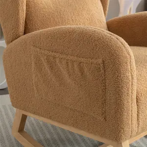 Modern Teddy Fabric Upholstered Rocking Chair Wingback Padded Seat For Living Room Bedroom, Khaki