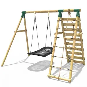 Rebo Wooden Swing Set with Up and Over Climbing Wall - Eden Green