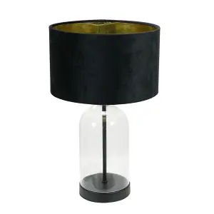 ValueLights Jessy Glass with Black Trim Table Lamp with Black Velvet with Gold Inner Lamp Shade