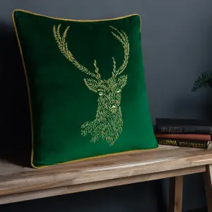 furn. Forest Fauna Embroidered Woodland Stag Velvet Feather Filled Cushion